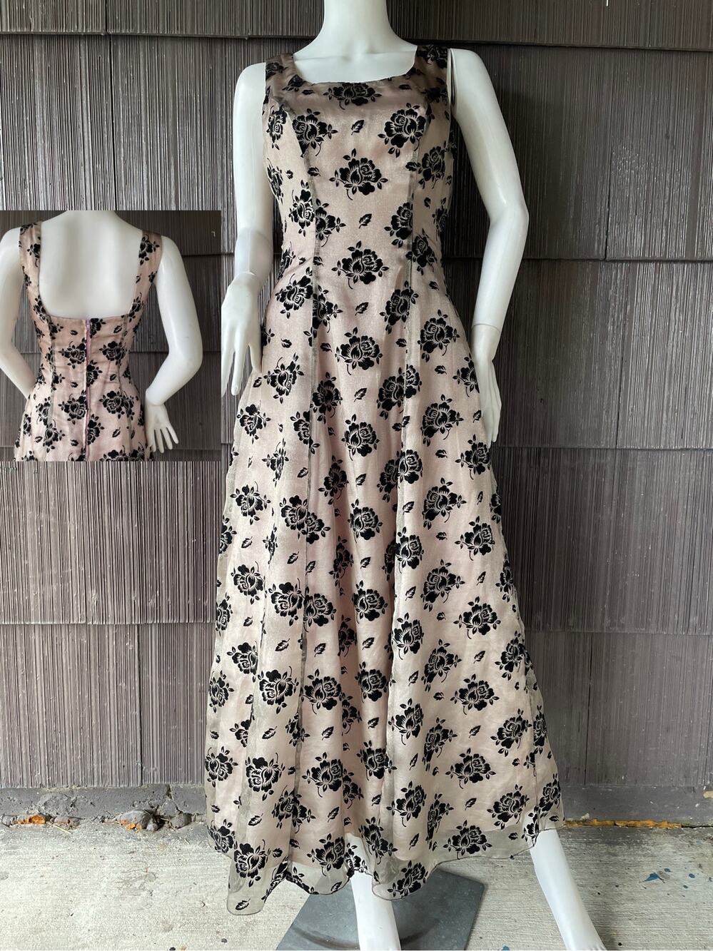 Vintage Y2K Poly USA Burnout Rose Mauve Pink Formal Maxi Dress Princess Romantic